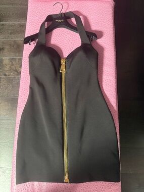 Balmain Black Mini Dress with Gold Center Zip